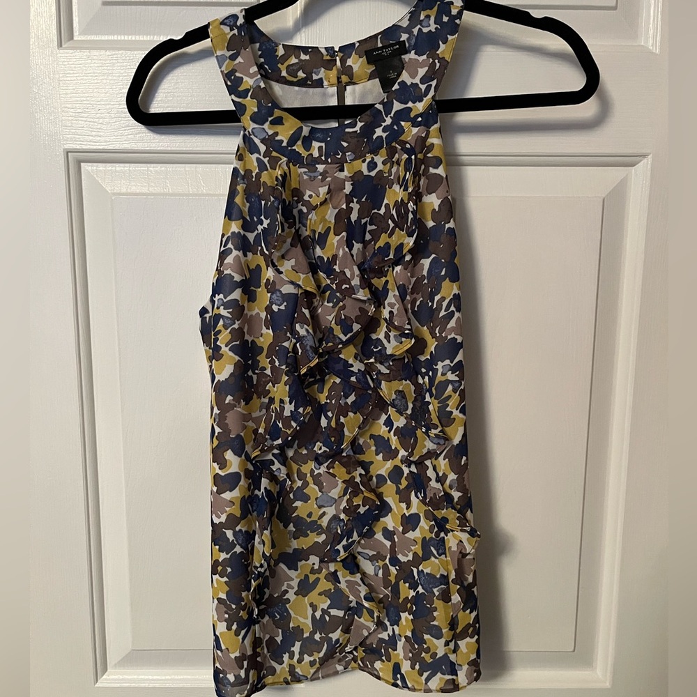 Ann Taylor Sleeveless Blouse Crew Neck Ruffled Floral Dress Top Sz8 Lined